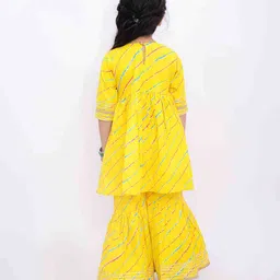 Little Ginnie Cotton Woven Three Fourth Sleeves Leheriya Printed Gota Lace Embellished Coordinating Kurta & Sharara Set - Yellow image 4