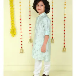 Ministitch Cotton Woven Full Sleeves Foil Striped Kurta Pyjama Set - Sea Green image 4