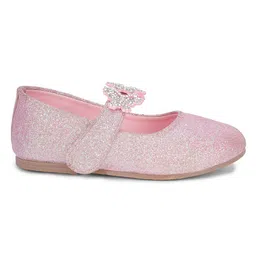 Mine Sole Bow Applique Detailed Shimmered & Stones Embellished Mary Jane Ballerinas With Velcro Closure - Pink image 5