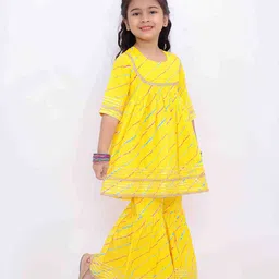 Little Ginnie Cotton Woven Three Fourth Sleeves Leheriya Printed Gota Lace Embellished Coordinating Kurta & Sharara Set - Yellow image 5