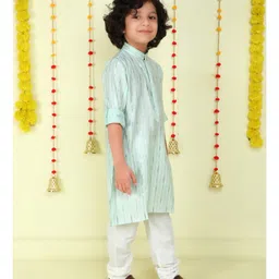 Ministitch Cotton Woven Full Sleeves Foil Striped Kurta Pyjama Set - Sea Green image 5
