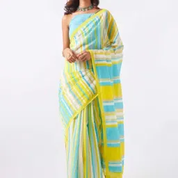 Taneira Yellow & Blue Cotton Silk Printed Saree With Unstitched Blouse-image-0