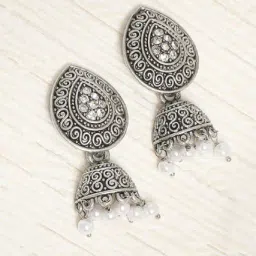 OOMPH Jewellery Oxidized Silver Stones & Pearls Tear Jhumki-image-48