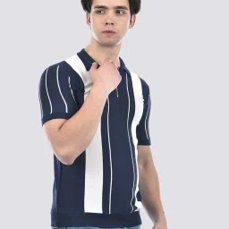 Camla Navy Cotton Regular Fit Striped Polo T-Shirts image 3