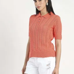 Madame Peach Cotton Regular Fit Textured Polo T-Shirts image 3