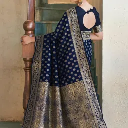 Satrani Navy Woven Saree With Unstitched Blouse image 3