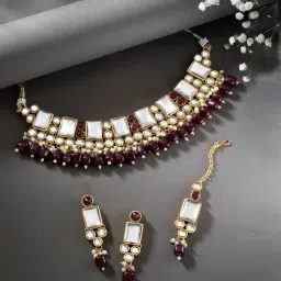 Peora Maroon Necklace with Earring & Maang Tikka Set-picture-26