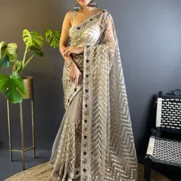 Saree Mall Beige Embellished Sarees With Unstitched Blouse-picture-32