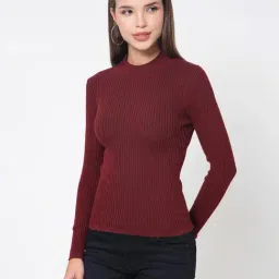 Kalt Maroon Cotton Solid Sweater image 3