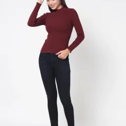 Kalt Maroon Cotton Solid Sweater image 4