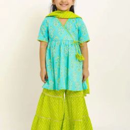 Campana Kids Blue & Green Cotton Printed kurti, Sharara & Dupatta-picture-29
