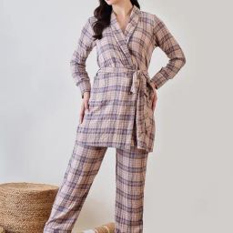 The Kaftan Company Beige Viscose Checks Night Dress-picture-44