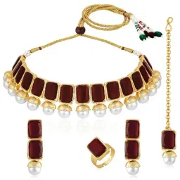 Peora Gold Plated Maroon Synthetic Stone & Pearl Necklace Earrings Maangtikka Ring Jewellery Set-image-30