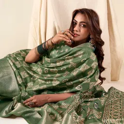 Elora Dusty Green Printed Saree With Blouse image 3