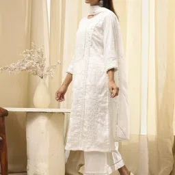 Biba Off White Cotton Regular Fit Embroidered Kurta Sets image 3