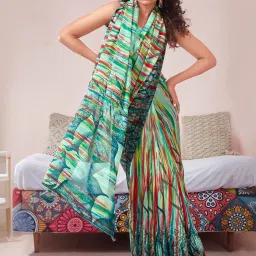 Satrani Green Printed Saree With Unstitched Blouse image 3