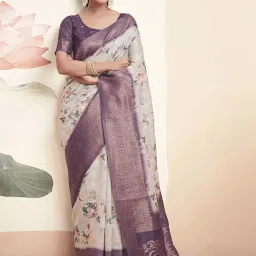 Satrani White & Purple Floral Print Saree With Unstitched Blouse image 3