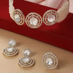 Zaveri Pearls Gold Tone Austrian Diamonds Stones Choker Necklace Earring & Ring Set-ZPFK16577-picture-17