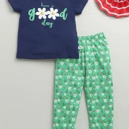 Bumzee Girls Mint Green & Navy Cotton Floral T-Shirt with Pyjama-image-70