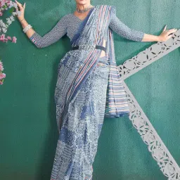 Saree Mall Blue Printed Sarees With Unstitched Blouse-image-21