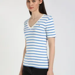 TOMMY HILFIGER Ecru & Blue Horizontal Stripes Slim Fit Cotton T-Shirt image 3
