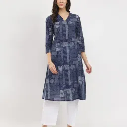 Pink Fort Navy Cotton A-Line Fit Geometric Kurta-image-9