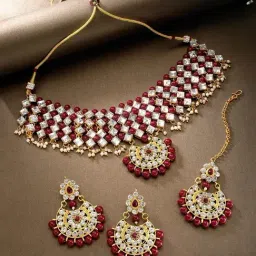 Peora Maroon Necklace with Earring & Maang Tikka Set-picture-47