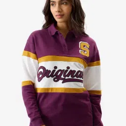 The Souled Store Purple & White Cotton Graphic Print Polo T-Shirt-image-12