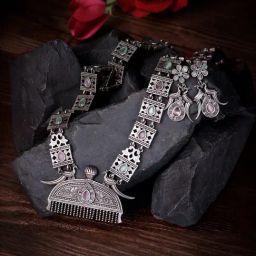 Saraf RS Jewellery Oxidised Silver Toned Mint Pink Tribal Jewellery Set-picture-15