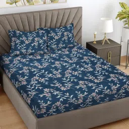 FABINALIV Blue Floral 300 TC Cotton Blend King Bedsheet with 2 Pillow Covers-picture-37