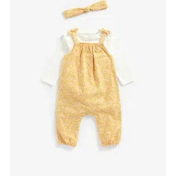 Mothercare Kids White & Mustard Floral Print Full Sleeves Top, Dungree with Headband-image-87