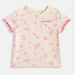 NEXT Girls Floral Print Knitted Pure Cotton Pockets T-shirt With Scalloped Detail-picture-43