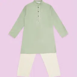 Indus Route by Pantaloons Kids Mint Green & White Embroidered Full Sleeves Kurta Set-picture-27