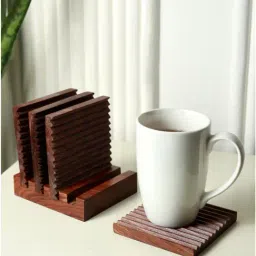 Unravel India Brown & White Sheesham Wood Trivets with Stand - Set of 4-image-30