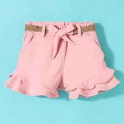 Little Kangaroos Woven Mid Thigh Waffel Flared Fit Solid Shorts with Self Belt - Pink-image-79