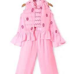 Babyhug Woven Sleeveless Top &Palazo Set with Floral Embroidered Jacket - Pink-image-76