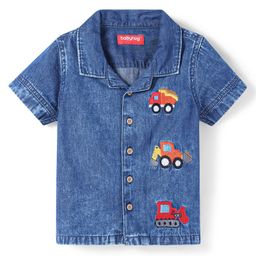 Babyhug Cotton Woven Half Sleeves Denim Washed Shirt With Vehicle Embroidered- Navy Blue-picture-15