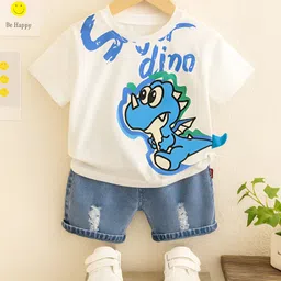 Googo Gaaga Cotton Half Sleeves Dinosaur Printed Tee With Denim Distressed Shorts Set - White-picture-20
