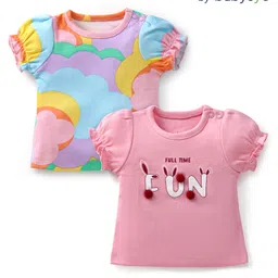 Babyoye Eco Conscious 100% Cotton Knit Puffed Sleeves T-shirts With Pom Pom Applique Pack of 2 - Pink-picture-40