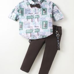 Dapper Dudes Full Sleeves Leaves Printed Shirt & Pant With Bow & Suspender Set - Green-picture-36