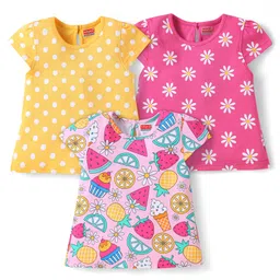 Babyhug Cotton Knit Cap Sleeves T-Shirts with Polka Dots & Floral Print Pack of 3 - Yellow Dark & Light Pink-picture-34