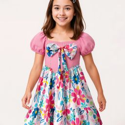 arias by lara dutta Arias Cotton Knit Balloon Sleeves Frock With Bow Applique & Floral Print - White & Pink-picture-15