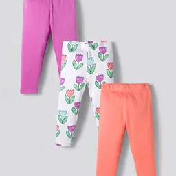 Bonfino 100% Cotton Knit Full Length Leggings with Floral Print Pack of 3 - White Pink & Peach-picture-27