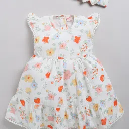 Snuggly MONKEY Seersucker Woven Cap Sleeves Floral Printed Lace Detailed Tiered Dress With Headband - Off White image 1