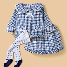 ToffyHouse Cotton Woven Full Sleeves Checkered Peter Pan Collared Party Top & Skirt with Bow Applique & Stockings - Blue & White-image-22