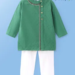 Babyoye Cotton Full Sleeves Embroidered Kurta with Swiss Dot & Pyjama Set - Green & White image 2