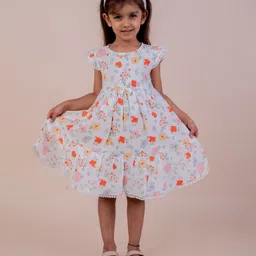 Snuggly MONKEY Seersucker Woven Cap Sleeves Floral Printed Lace Detailed Tiered Dress With Headband - Off White image 3