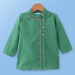 Babyoye Cotton Full Sleeves Embroidered Kurta with Swiss Dot & Pyjama Set - Green & White image 3