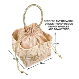 Kuber Industries Hand BagSilk Embroidery Drawstring BagTraditional Indian Handmade 5 Pocket Potli Bag with Golden Handle,Cream, image 3