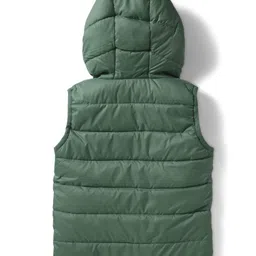 Babyhug Woven Sleeveless Solid Color Padded Hooded Jacket - Olive Green image 3